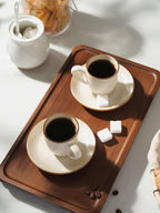 famiware Jupiter Espresso Cups and Saucers Set of 4, 3 oz Ceramic Small Coffee Mug with Handle, Spiral Stoneware Demitasse Cup for Tea, Latte, Cafe - Microwave & Dishwasher Safe, Vanilla White