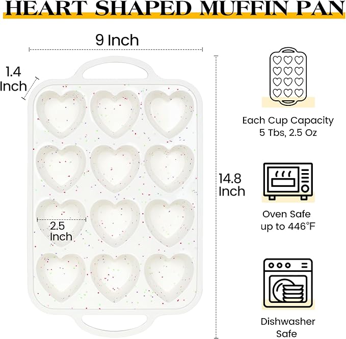2 Pcs Heart Shaped Muffin Pan with Metal Reinforced Frame 12 Cup Nonstick Silicone Heart Cake Mold for Baking 2.5 Inch Cupcake Tray (Cream)