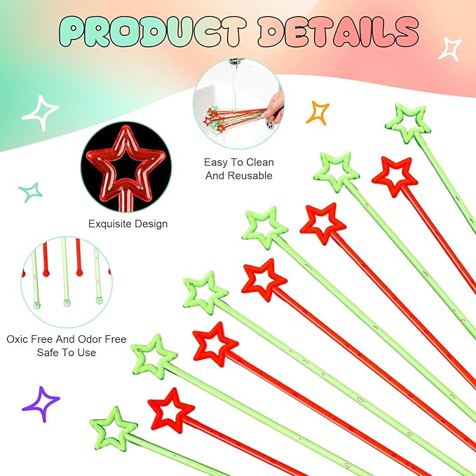Mudder 100 Pieces 9.1 Inch Christmas Swizzle Sticks Cocktail Stirrers Plastic for Bar Disposible Plastic Star Top Crystal Swizzle Sticks for Christmas Party(Two Colors)