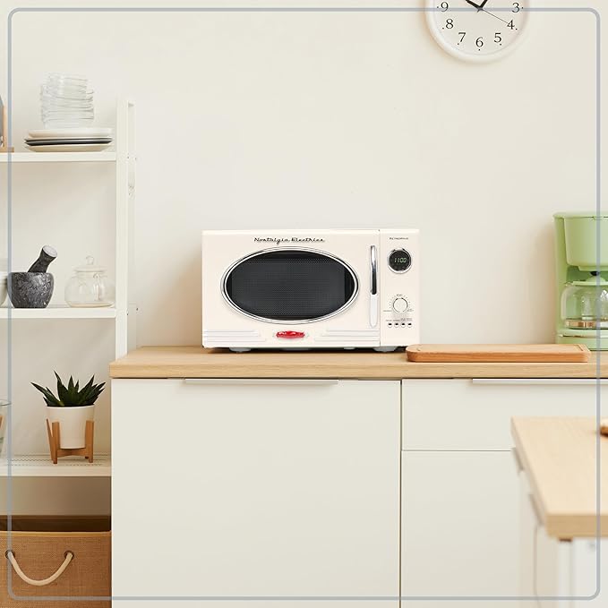 Nostalgia Retro Countertop Microwave Oven, 0.9 Cu. Ft. 800-Watts with LED Digital Display, Child Lock, Easy Clean Interior, Ivory