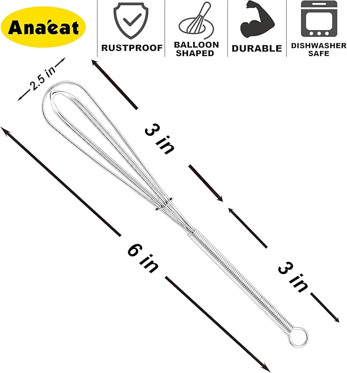 Anaeat 6 Pack Small Wire Whisks, Portable Stainless Steel Kitchen Tiny Whisk & Egg Beater with Thick Wire - Sturdy Mini Mixing Balloon for Cooking, Blending, Whiping, Beating and Stirring (6")