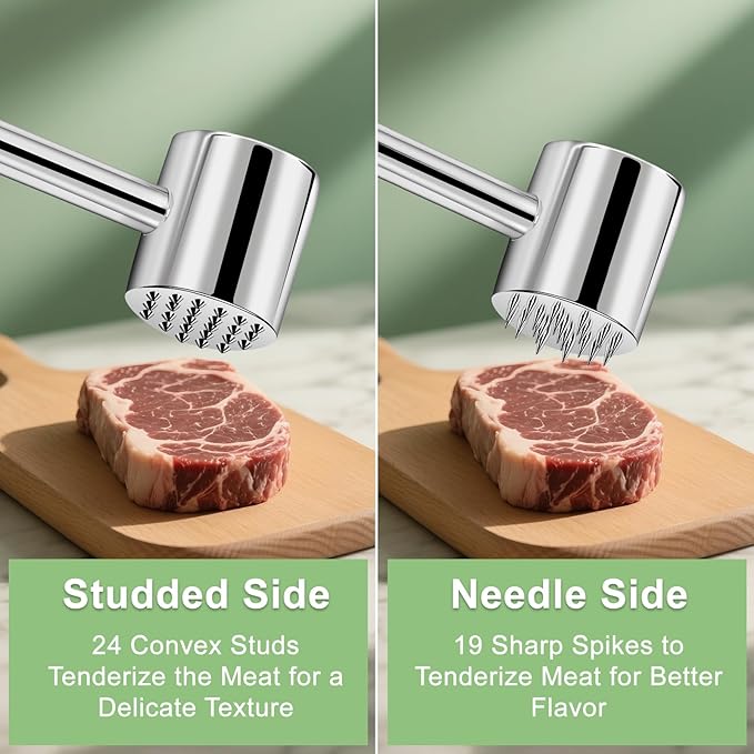 2-in-1 Meat Tenderizer Mallet,Real 316L Stainless Steel Meat Hammer,Dual-sided Meat Tenderizer Tool with Sharp Spikes and Convex Studs,Heavy Duty Well-balanced 1.09LB,Kitchen Pounder,Dishwasher Safe