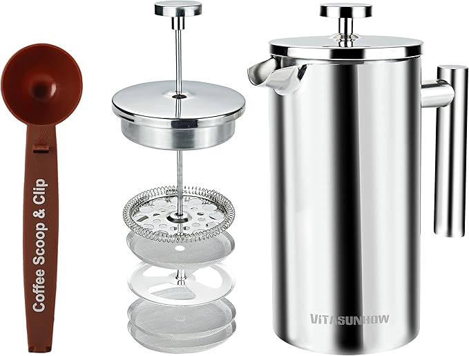 Insulated French Press Coffee Maker Stainless Steel Double-Wall Metal 3 Level Filtration System, Rust-Free Dishwasher Safe