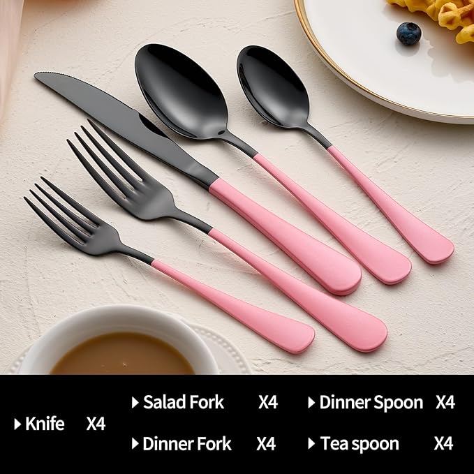 20-Pieces Blac and Pink Silverware Sets for 4,Pink Handle Stainless Steel Cutlery Set, Include Forks Spoons and Knives Set, Dishwasher Safe Utensil Sets for Home Restaurant