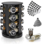 Black Countertop Rotating Spice Rack, 16-Jars Revolving Spice Rack Organizer Tower, 135 Spice Labels with Funnel Complete Set, Seasoning Organizer for Kitchen Countertop, Cabinet