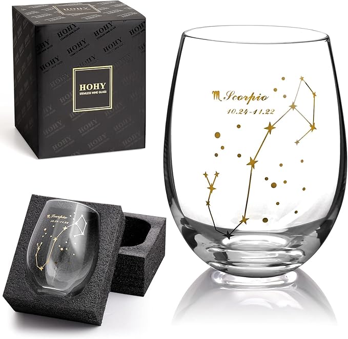 HOHY Scorpio Wine Glass - 20oz Golden Stemless Constellation Glass, Zodiac Sign Horoscope Gift for Women Men, Astrology Define Design