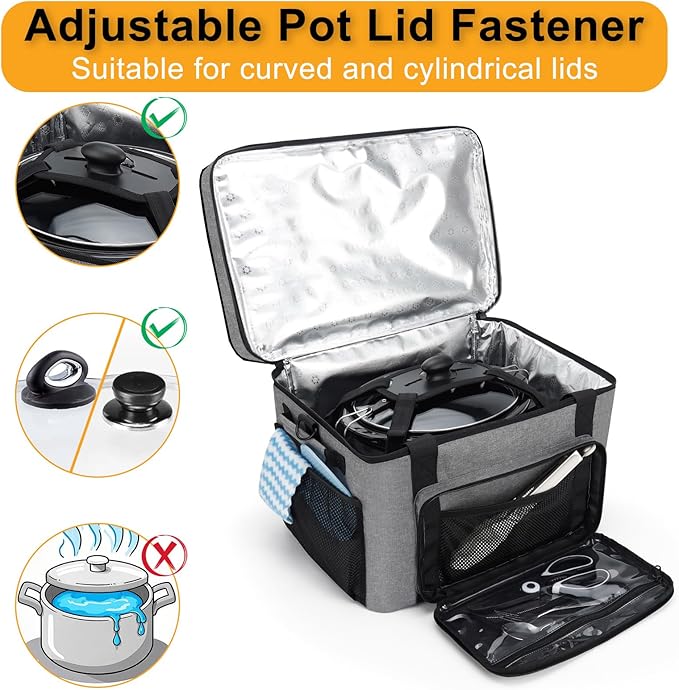 Slow Cooker Carrying Bag, Double Layer Insulated Design Slow Cooker Carrier with Removable Hard Liner and Pot Lid Fastener Fit for 6-8 Quart Crock Pot, Gray