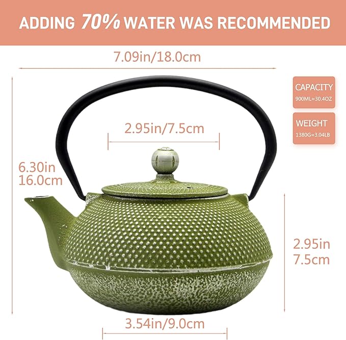 Cast Iron Teapot Tea Kettle with Stainless Steel Infuser for Stovetop Safe Coated with Enameled Interior Japanese Green Tetsubin for Loose Tea(30.4oz/900ml)