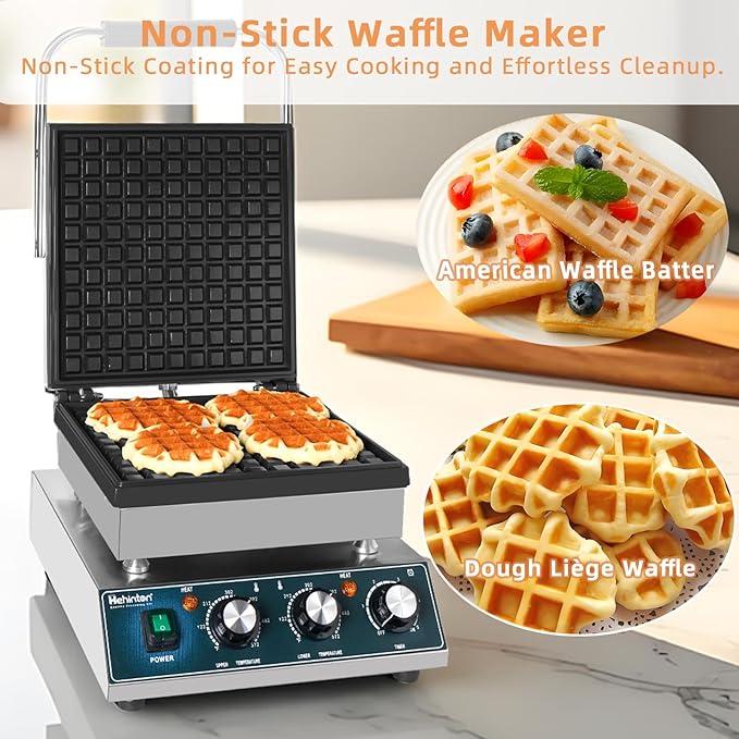 Hehinton® Commercial Belgian Waffle Maker, 110V 2300W Electric Waffle Maker Dual Temperature Control,11.4"x11.4" Cooking Area, Waffle Iron with Nonstick Plates for Food Trucks, Cafes & Home Use