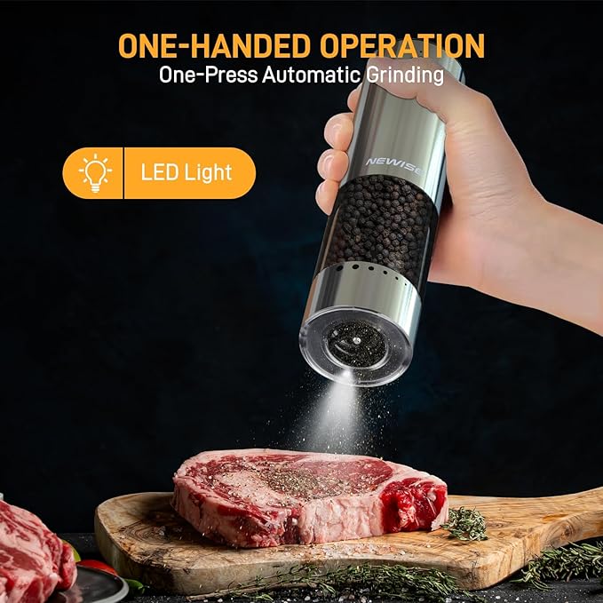 Electric Salt and Pepper Grinder Set, Rechargeable with LED Lights, Stainless Steel Automatic Pepper & Salt Mill, Adjustable Coarseness, Large Capacity, Silver