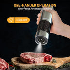 Electric Salt and Pepper Grinder Set, Rechargeable with LED Lights, Stainless Steel Automatic Pepper & Salt Mill, Adjustable Coarseness, Large Capacity, Silver