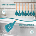 P&P CHEF Silicone Cooking Utensils Set, 8-Piece Kitchen Cooking Utensil with Wooden Handle, Silicone Spatula for Nonstick Cookware, Heat-proof & Easy Clean, Blue