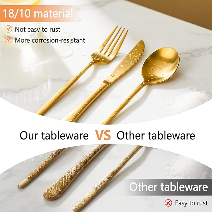 48-Pack Gold Silverware Set with Steak Knives, Stainless Steel Tableware Cutlery Spoons Forks Kit, For Buffet Kitchen Restaurant Hotel, Kitchen Flatware Utensils Set, Mirror Polished