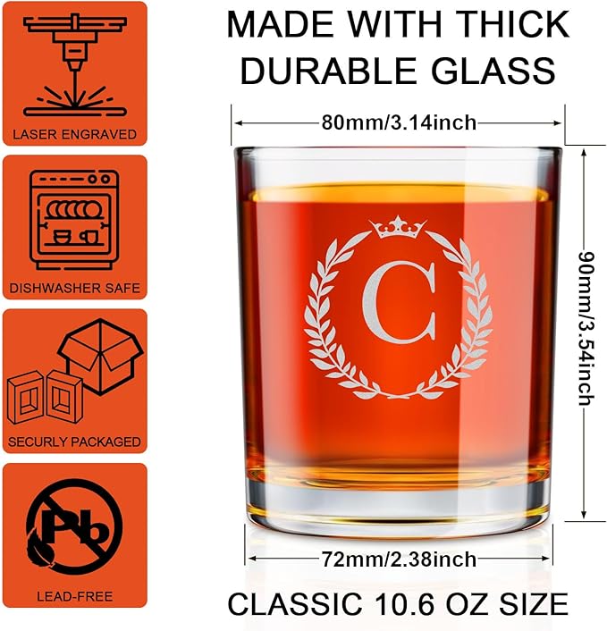 Personalized Whiskey Glasses Gifts for Men, Monogrammed Engraved A-Z 10.6 oz Rocks Glass Customized Gift, Unique Christmas Birthday Gifts for Men Him Dad Husband Brother Son (C)
