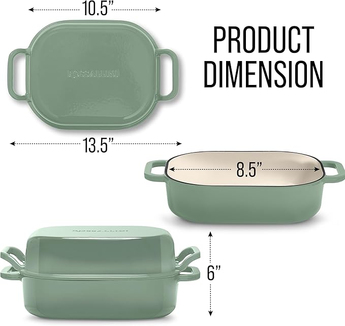 Signature Enameled Cast Iron Sourdough Bread Oven | Non-Stick with Tight Fitting Lid for Perfect Baking and Bread Making | 6QT Rectangle Oven With Lid [Sage Green]