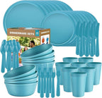 Plastic Dinnerware Sets – 40-Piece Blue Plates and Bowls Sets, Unbreakable, Reusable Dishes Set for 8 with Cups, Knives, Forks and Spoons, for Camping and Outdoor Use