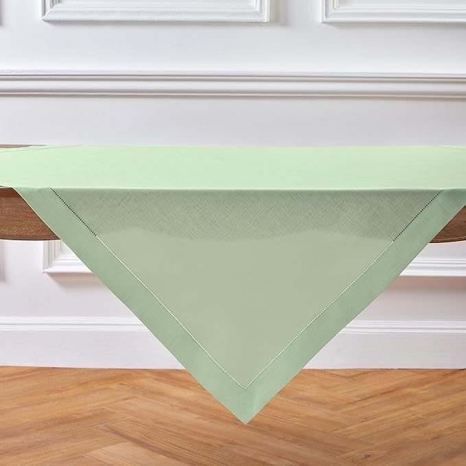 Solino Home Linen Tablecloth 52 x 52 Inch - 100% Pure Linen Light Green Square Tablecloth - Classic Hemstitch, Machine Washable Table Throw for Summer