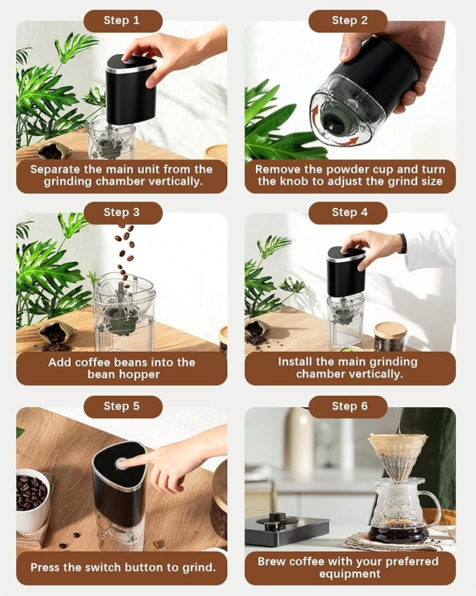 Portable Electric Coffee Grinder，Automatic Coffee Grinder with USB Type-C wireless charging design，Adjustable Coarse to Fine for coffee beans, grains, cleaning brush + cable Includes (black)