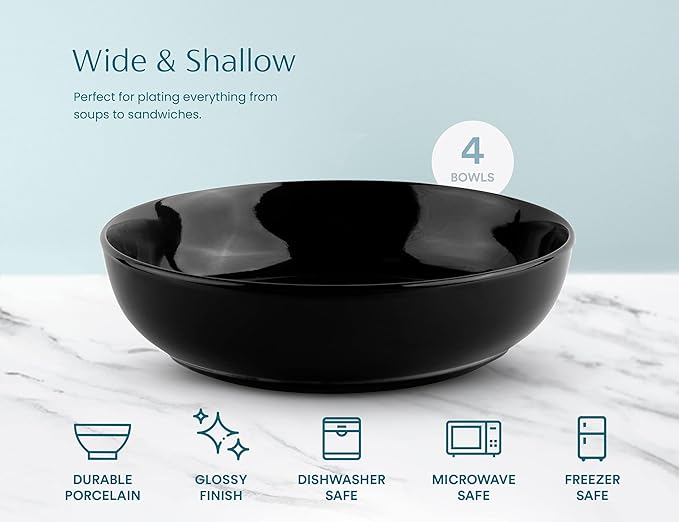 KooK Pasta Bowl, Salad Bowls, Soup, Serving Bowls, Ceramic, Large Capacity, Microwave & Dishwasher Safe, Set of 4, 40 Oz,(Black)