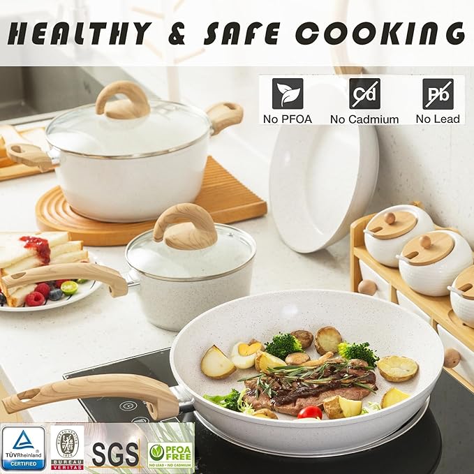 Non Stick Pots and Pans Set, Healthy Ceramic Cookware Set, 12pcs Kitchen Cooking Pots and Frying Sauce Saute Pans Set, PFAS-Free with Kitchen Utensils and Lid, Pink