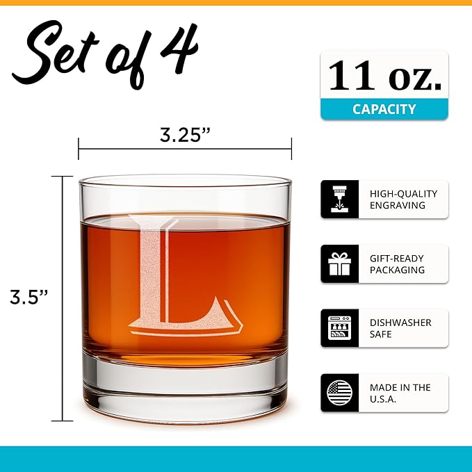 (L-Monogram)- 4 Piece Set of 11 Ounce Engraved Heavy Base Rocks Glasses Elegant Glass-Multi-Purpose Beverage-Rocks Glass- Gift for any Occasion- By: On The Rox