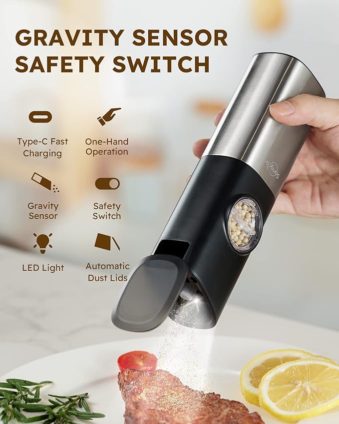 Sangcon Gravity Electric Salt and Pepper Grinder Set [Upgraded Larger Capacity] USB Rechargeable With Dual Charging Base - Automatic One Hand Operation - Adjustable Coarseness & LED Light Refillable