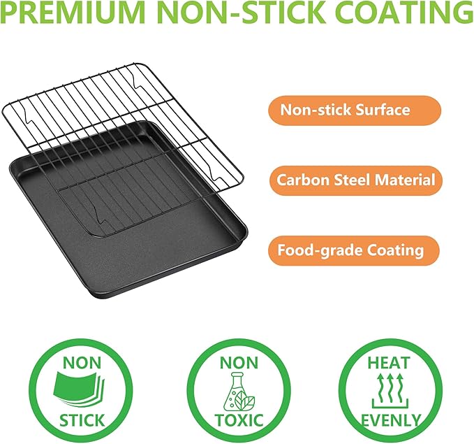 E-far Toaster Oven Pan with Rack Set, 10.5 x 8 x 1 Inch Nonstick Small Cookie Baking Sheet with Cooling Rack, Non-Toxic & Easy to Clean