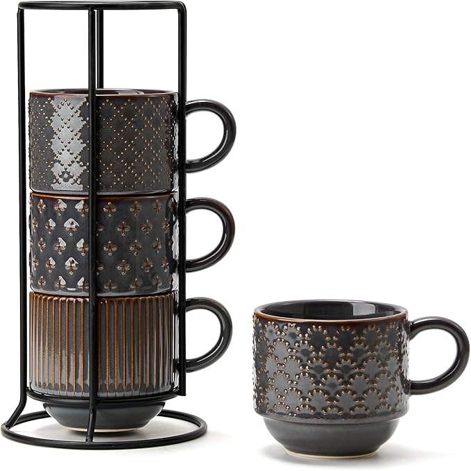 JIEMEI HOME Large Ceramic Coffee Mug Set of 4 with Stand, 15 Oz Stackable Embossment Ribbed Latte Cup Set for Cappuccino, Latte, Tea, Hot Cocoa, Drinks - Dishwasher & Microwave Safe, Dark Purple