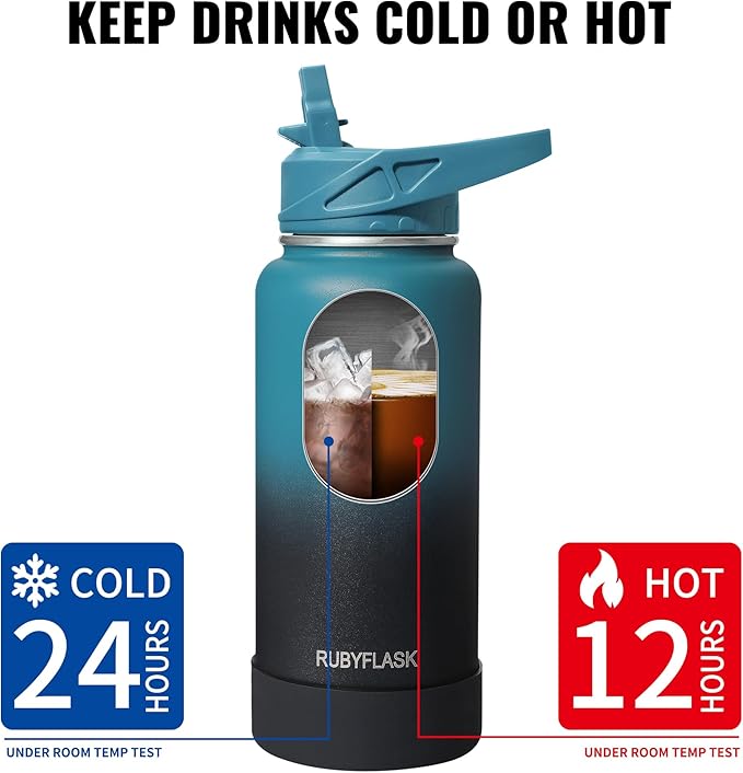 24oz Insulated Water Bottle with Straw, Stainless Steel Metal Vacuum Water Flask, Large Thermal Water bottle with Leakproof 3 Lids for Travel, Camping, Gym Sports Indigo Black