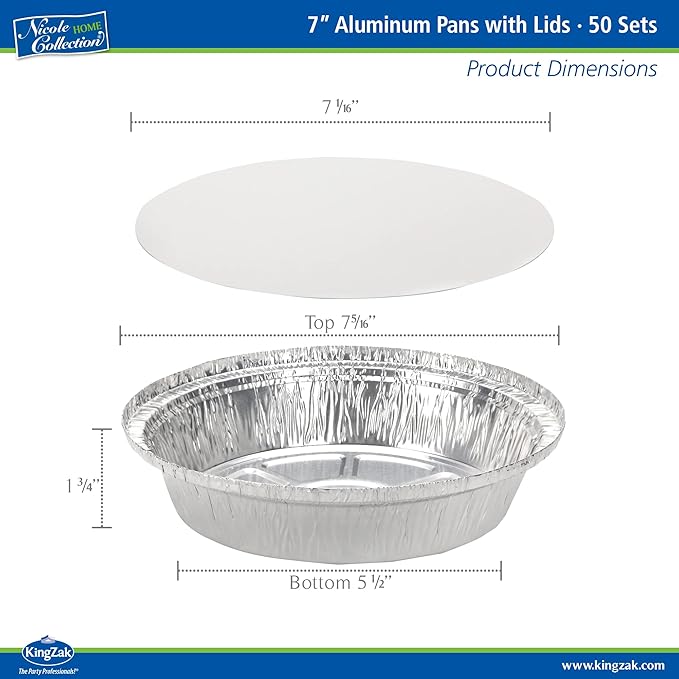 Nicole Home Collection Aluminum Pans 7” Round Disposable Foil Pans With Lids (50 Pack) – 7 Inch Round Disposable Takeout Pans With Board Lids (7" Inch Round)