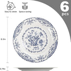 Salad Plates, Ceramic Plates Set of 6, Kitchen Plates Microwave Safe, 8.5 Inch White Plate Dessert Blue Floral