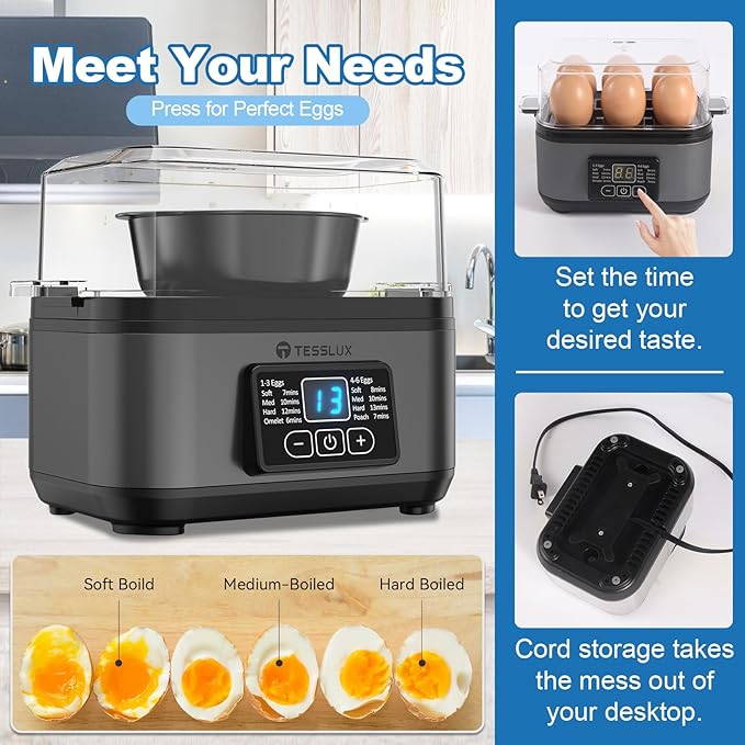 Electric Rapid Egg Cooker, 6 Egg Capacity for Hard Boiled Eggs, Poached Eggs, Scrambled Eggs, or Omelets Maker with Auto Shut Off (Gray)