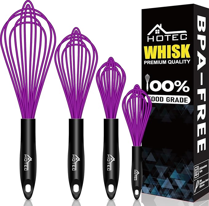 HOTEC 4 Pieces Silicone Whisks for Cooking, Wire Balloon Whisks Egg Beater, Non-slip Handle Whisk for Non-stick Cookware Perfect for Cooking, Stirring, Beating and Blending (Purple)