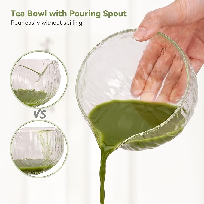 10-Pcs Matcha Whisk Set Kit, Whisk and Bowl with Spout & Measuring Spoon & Cup, Japanese Matcha Tea Making Tools, Transparent Textured Glass