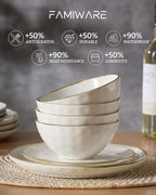 Famiware Dinnerware Sets for 4, Ocean Round 12-Piece Kitchen Plates and Bowls Sets, Microwave and Dishwasher Safe, Scratch Resistant, Vanilla White