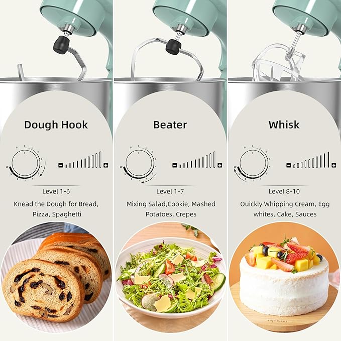 Electric Stand Mixer,10 Speeds Tilt-Head Food Mixer, 3-IN-1 Kitchen Mixer for Daily Cooks with 6 QT Bowl,Dough Hook, Beater, Whisk (Agave Green)