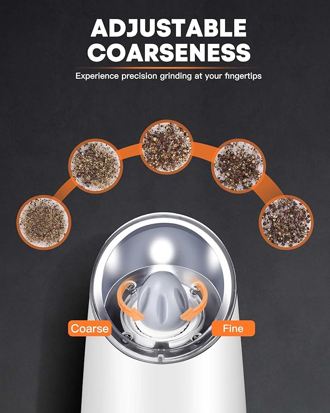 AmuseWit Gravity Electric Salt and Pepper Grinder Set [White Light] USB Rechargeable Automatic Pepper and Salt Mills,Adjustable Coarseness,One-Handed Operation, Snow White