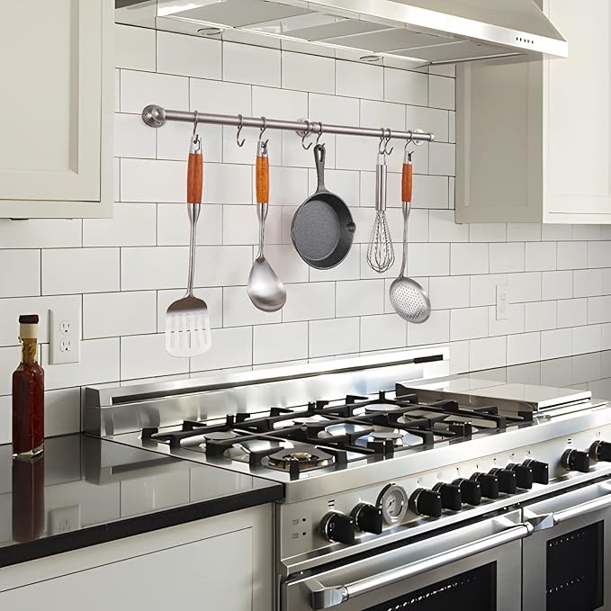 ROTHLEY Stainless Steel Hanging Pot Rack Hanger: 23.7 Inch Pot and Pan Hanger Wall Mounted Hanging Pot Bar Rack Heavy Duty Pot Hangers Kitchen Rail with 8 S Hooks (Brushed)