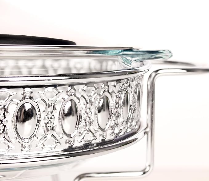 Casserole Dish 9"Glass Baking Dish with Stainless steel Lid and rack, Silver round 1.5 Qt Baking Pan For Casserole & Lasagna, Microwave Dishwasher Freezer Oven Safe