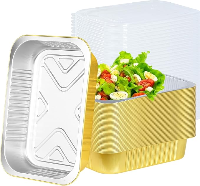11"×8"×2" - 20 Pack 5LB/80oz Gold Aluminum Foil Pans with Lids Heavy Duty, Foil Food Containers with Lids, Tin Foil Pans for Baking, Meal Prep, Freezer, Heating and Takeout