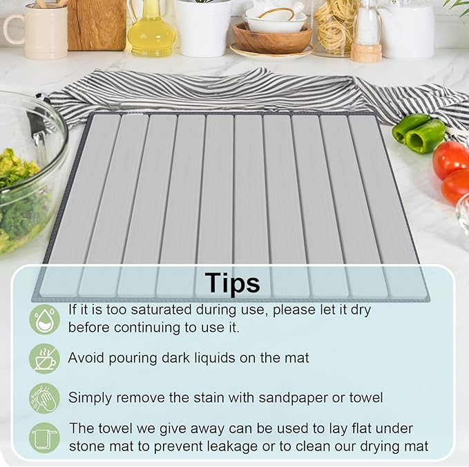 Stone Dish Drying Mat for Kitchen Counter,24"(L)×16"(W) Collapsible Fast-Drying Diatomaceous Earth Mats with Towel Sanding Tool,Versatile Stone Drying Mats for Cups Dishes Bottles