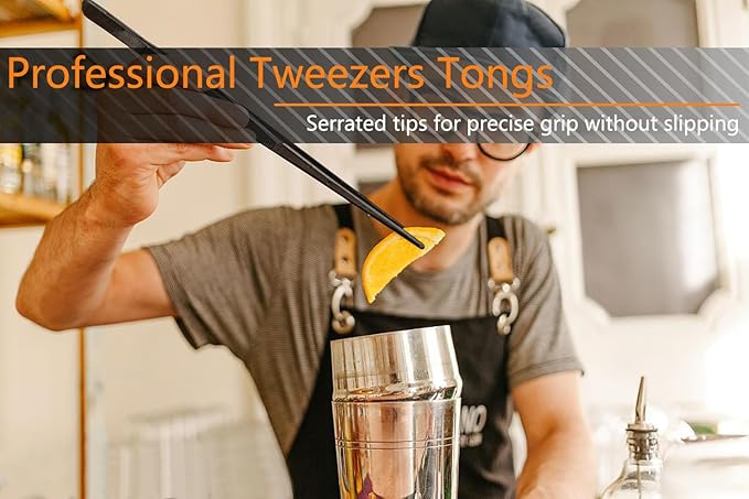 JETKONG 6 Pcs Cooking Tweezer Tongs, 12'' and 6.3" Stainless Steel Kitchen Tweezer Set, Professional Chef Tweezers for Cooking, Repairing, Sea Food, BBQ, Multi-use (Black)