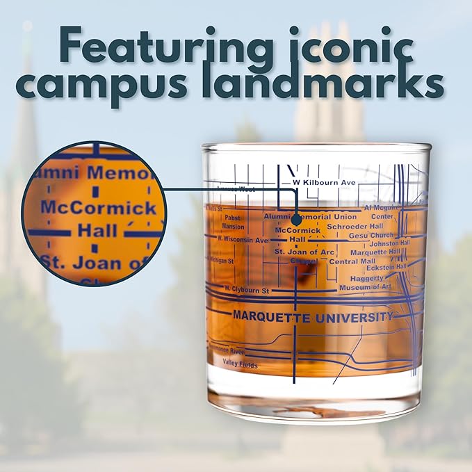 Greenline Goods – University of Marquette Golden Eagles College Whiskey Glasses (Set of 2), 10 oz – Full-Color Logo + Campus Map