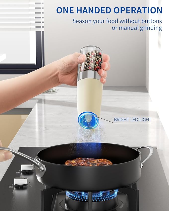 CIRCLE JOY Graviry Electric Pepper Grinder Automatic Pepper Mill Grinder with LED Light, Battery Operated, Adjustable Coarseness, Large Capacity, for Home Kitchen BBQ, Beige