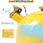 LONFFERY Tea Kettle, 2.5 Quart Whistling Tea Kettle, Tea Pots for Stove Top Food Grade Stainless Steel with Wood Pattern Folding Handle - Yellow