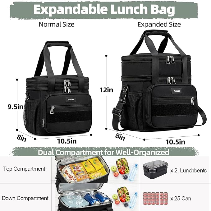 Weitars Lunch Box for Men Women Dual Compartment Lunch Box Heavy Duty Large Insulated Tactical Lunch Bag Durable Cooler Bag With Shoulder Strap for Adults Work Picnic Road Trip