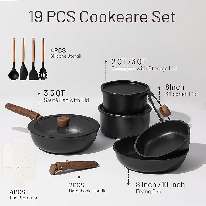 CAROTE 19pcs Pots and Pans Non Stick, Cookware Sets Detachable Handle, Induction Kitchen Pots and Pans,NonStick Cooking Set, Oven/Dishwasher/Fridge Safe, Space Saving