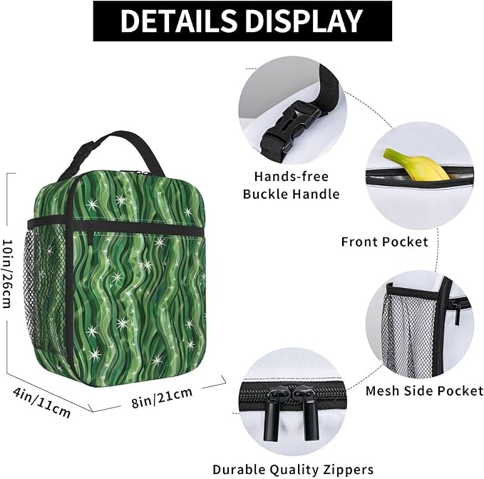 Abstract Wave Lunch Box,Insulated Lunchbox,Star and Green Stripe Design Bags,Reusable Cooler Lunchbag for Picnic,Travel,Office,Camping,Ideal Gifts for Women,Men,Adults