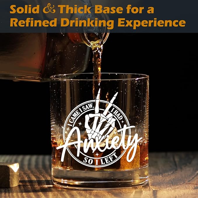 kunlisa Funny Anxiety Mental Health Whiskey Glasses, Anxiety Relief Gifts, Sarcastic Gothic Skeleton Psychology 10 oz Drinking Rocks Glasses for Women Men Whisky Cocktail Scotch Bourbon Liquor