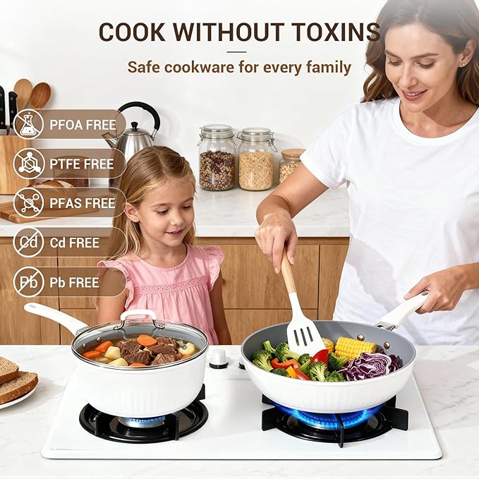 Ammeloo 15-Piece Ribbed Ceramic Cookware Set, Pots and Pans Set Non Stick, Induction Ready, Healthy Non Toxic Kitchen Cooking Set PFAS/PFOA/PTFE-Free, Silicone-wrapped Stay-Cool Handle